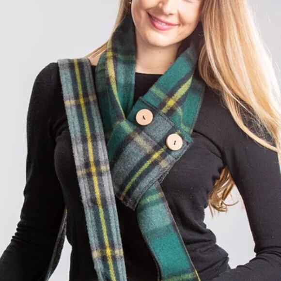 Patrick King Merino Wool Green Plaid Button Scarf With Fringe Trim scottish - Picture 2 of 9